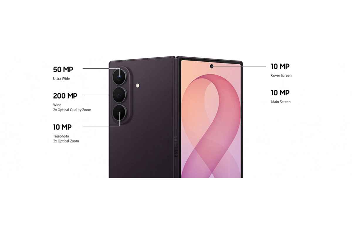 Lankstomas išmanusis telefonas su trimis galinėmis kameromis ir dviem ekranais.